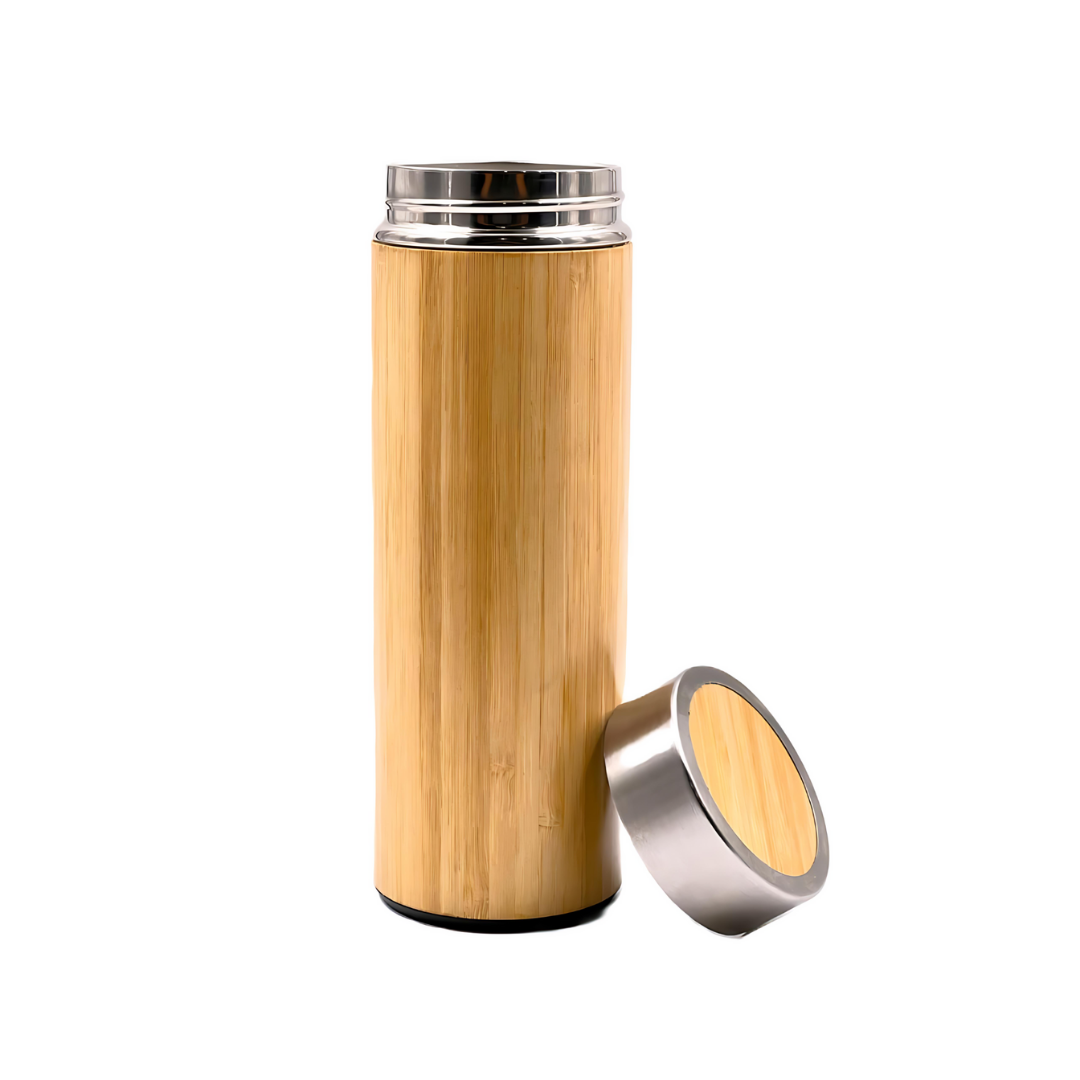 Bamboostan Bamboo Bottle 450ml | Leak-Proof Insulated Thermos Flask with Tea Strainer | Keeps Drinks Hot & Cold for 24 Hours | Sustainable Gift for Home, Office, Travel | Eco-Friendly | Beige