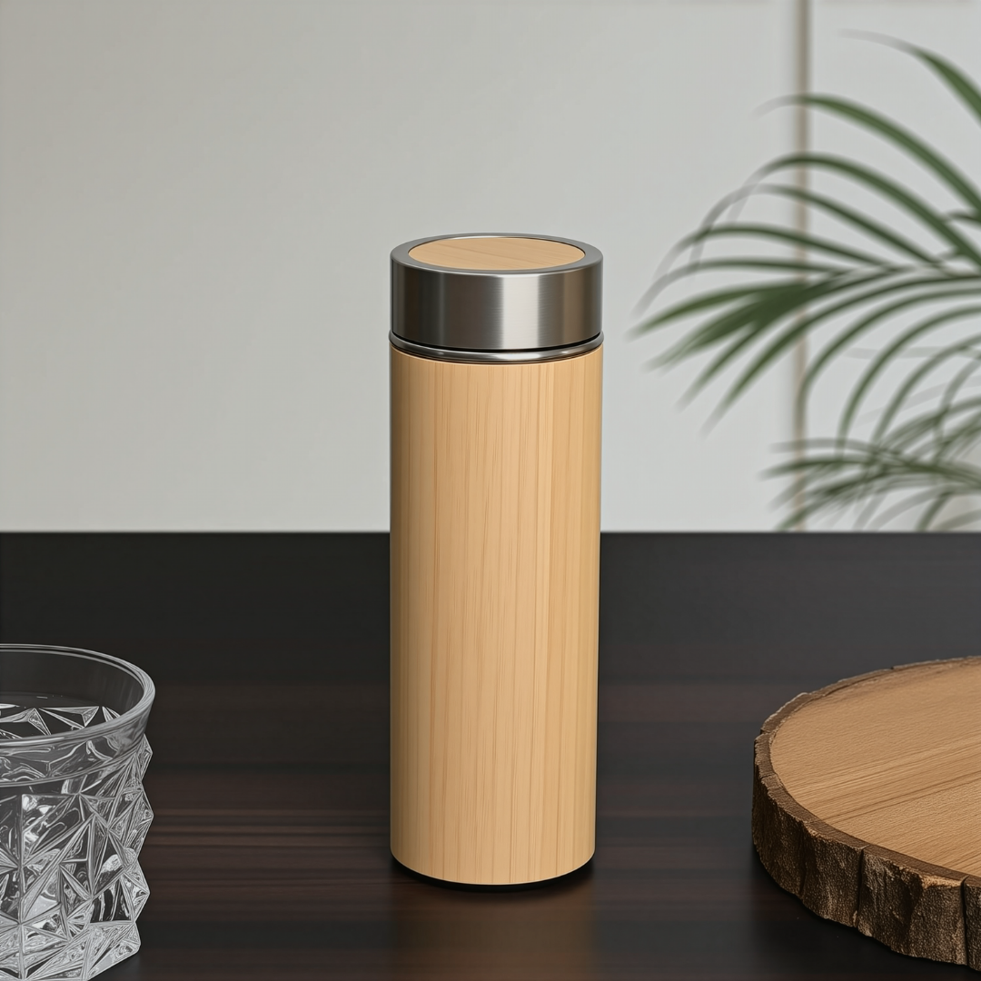 Bamboostan Bamboo Bottle 450ml | Leak-Proof Insulated Thermos Flask with Tea Strainer | Keeps Drinks Hot & Cold for 24 Hours | Sustainable Gift for Home, Office, Travel | Eco-Friendly | Beige