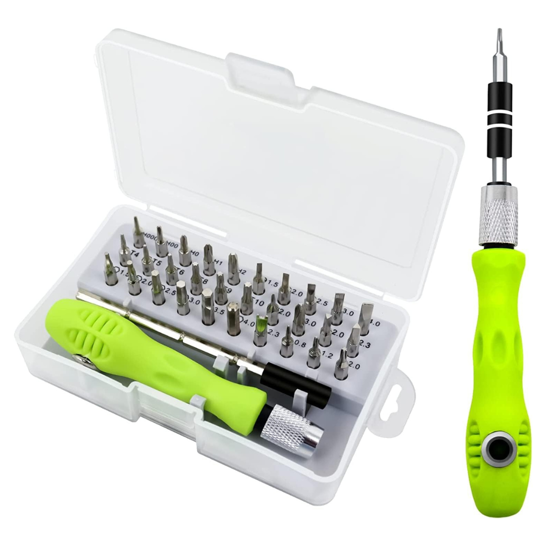 32-PIECE PRECISION SCREWDRIVER SET WITH STORAGE CASE, ERGONOMIC GREEN HANDLE