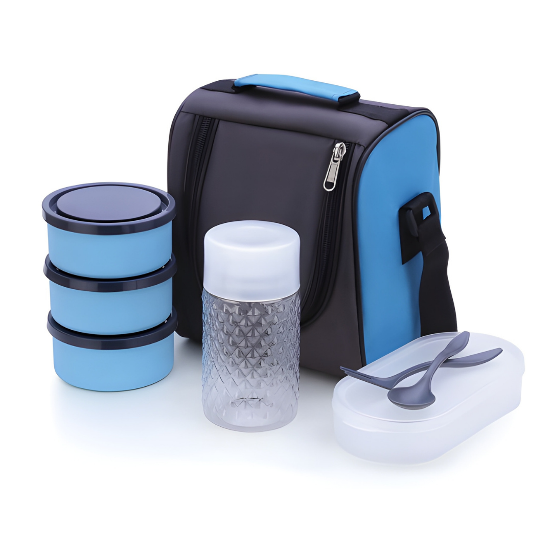 Stainless Steel Lunch Box 3 Container and 1 Casserole Set with Plastic Bottle 2 Spoon Tiffin Box with Bag for Office use, Student, Women, Men, Girls (Multi Color)
