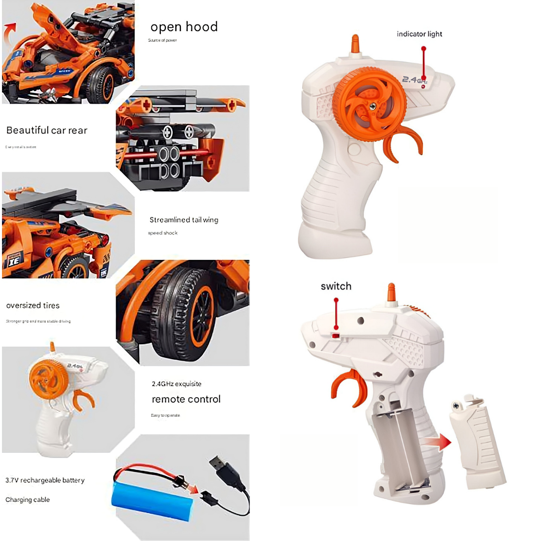 Remote Control Constructor Car Building Kit, 319 Pieces, Orange