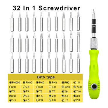 32-PIECE PRECISION SCREWDRIVER SET WITH STORAGE CASE, ERGONOMIC GREEN HANDLE