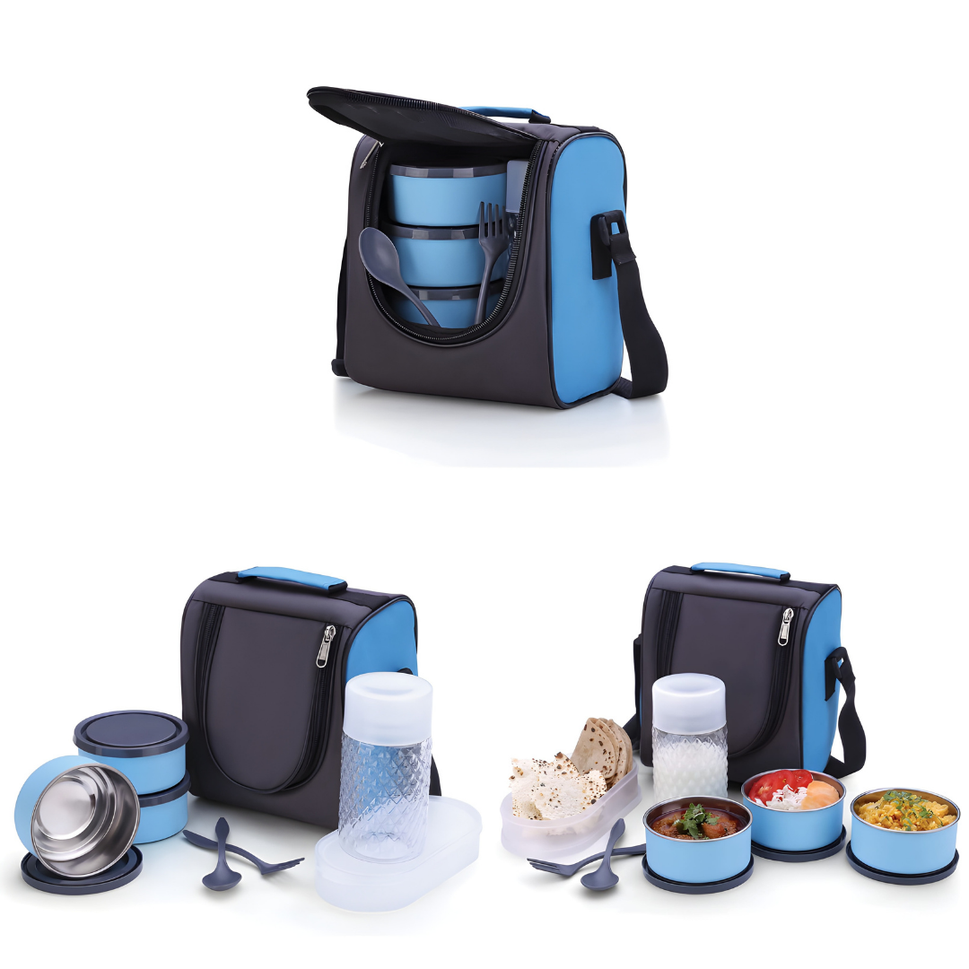 Stainless Steel Lunch Box 3 Container and 1 Casserole Set with Plastic Bottle 2 Spoon Tiffin Box with Bag for Office use, Student, Women, Men, Girls (Multi Color)